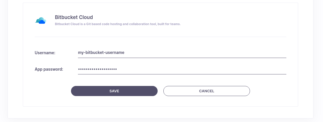 Filled in Bitbucket Cloud integration form