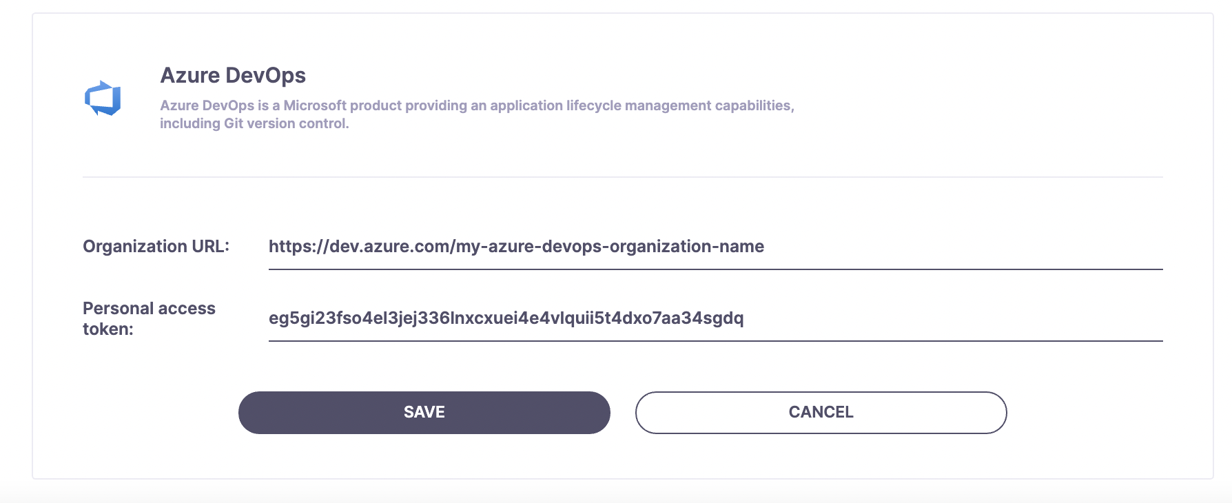 Filled in Azure DevOps integration form